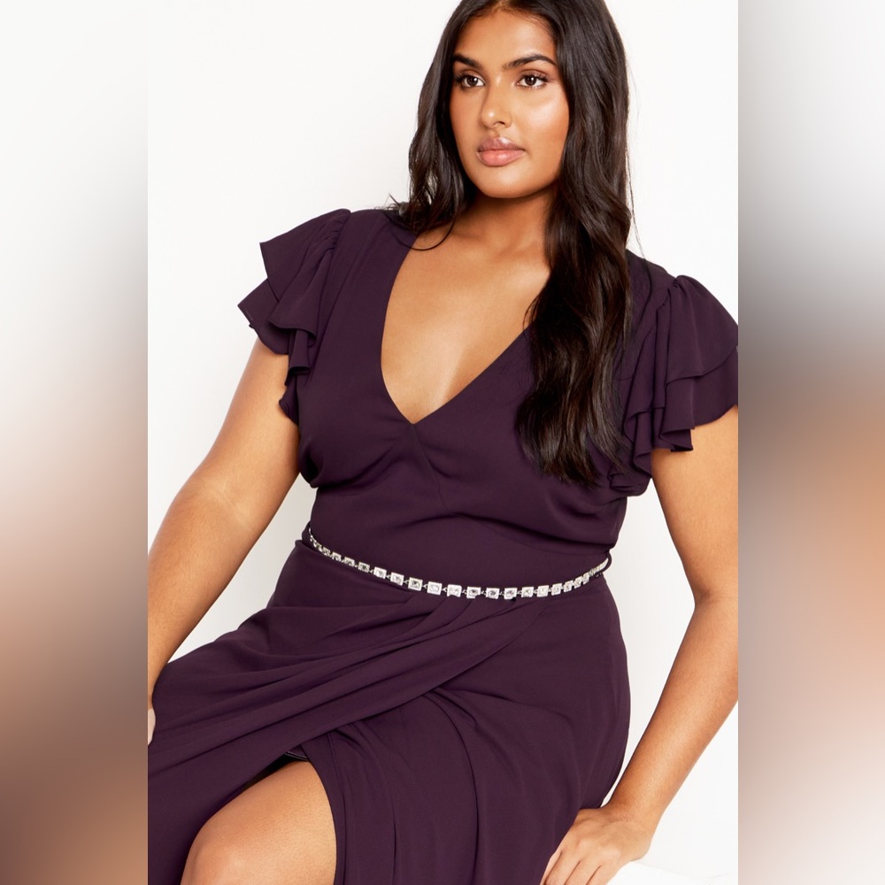 City Chic Plum Maxi Dress with Ruffle Sleeves WO belt